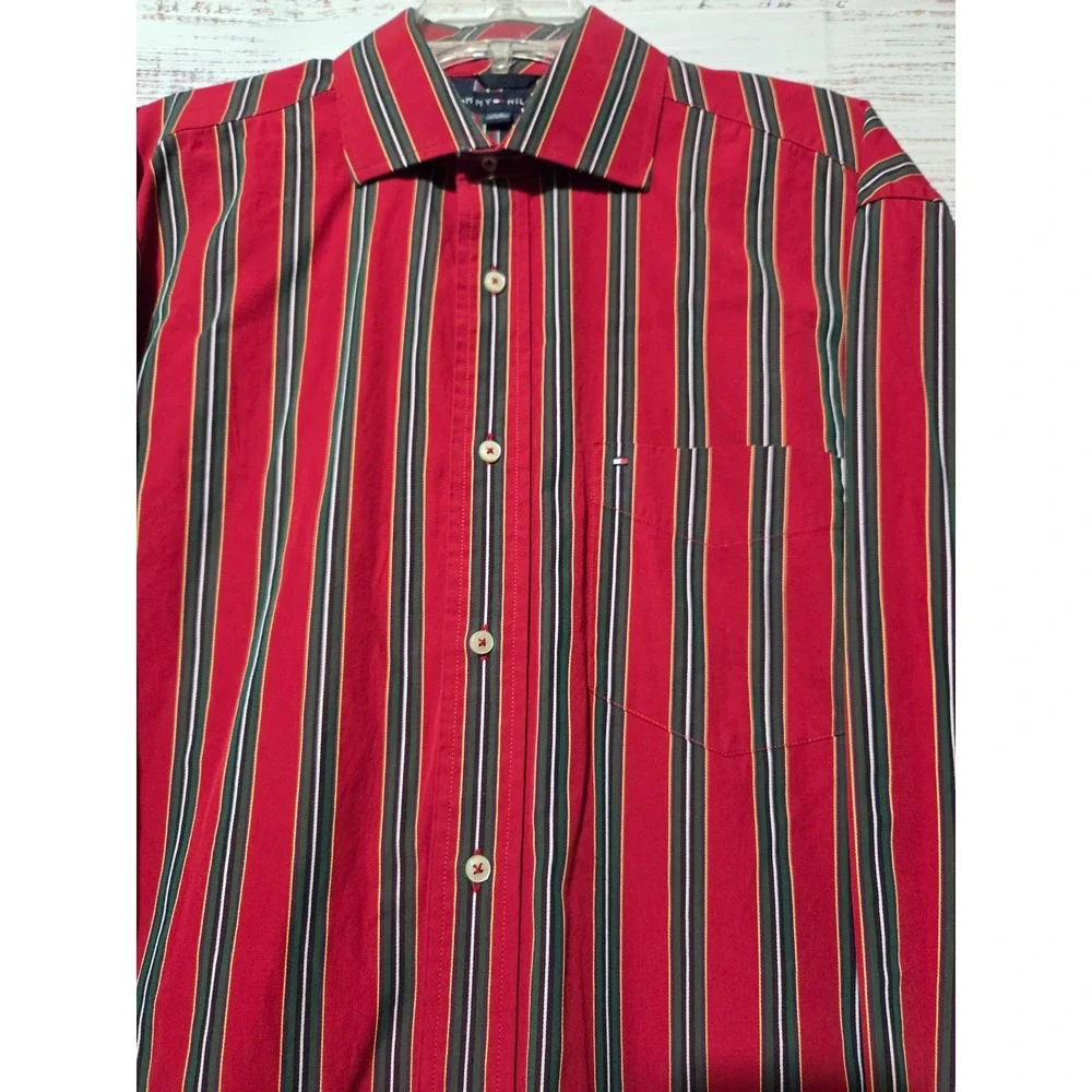 Tommy Hilfiger Mens Large Red Striped 80s 2-Ply Cotton Button Down Shirt L/G